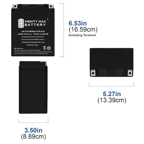 YB14L-A2 12V 12Ah Replacement Battery Compatible With Motobatt YB14L-A2